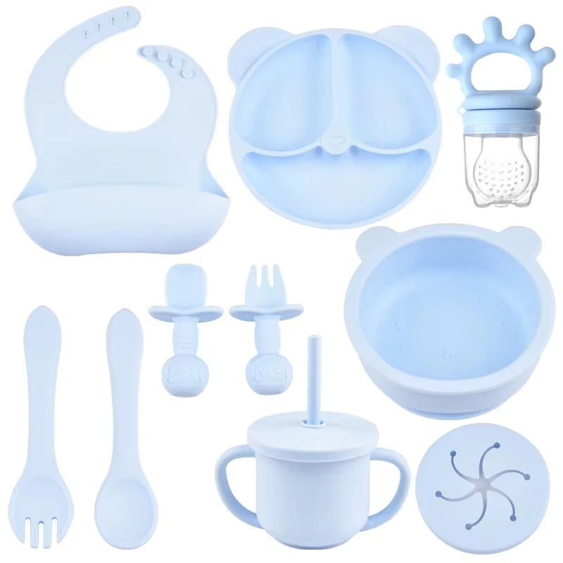 9PCS/Set BPA Free Silicone Baby Feeding Set Sucker Bowl Divided Dinning Plate Straw Cup Spoon Fork Adjustable Bib Child Dishes