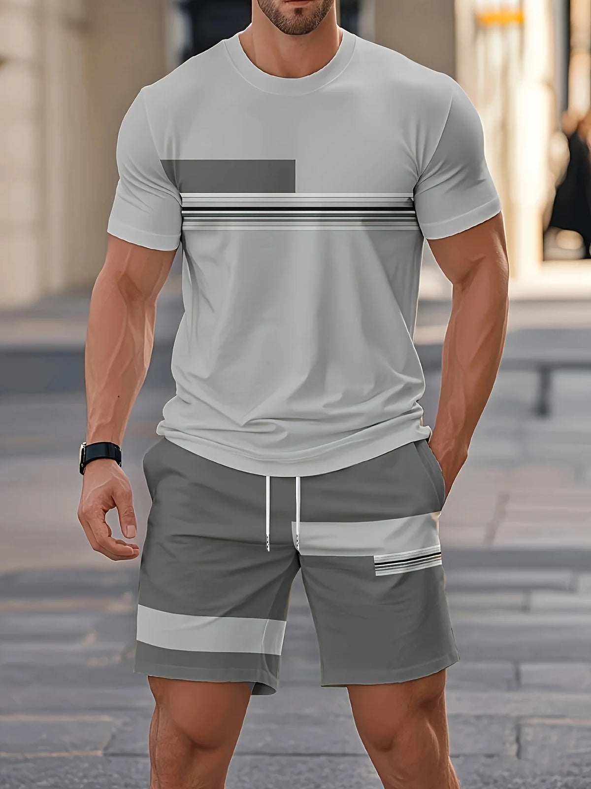 Summer New Arrival Men's Casual Two-Piece Set Striped Print Short-Sleeve Shirt and Athletic Shorts Set Men's Fitness Set