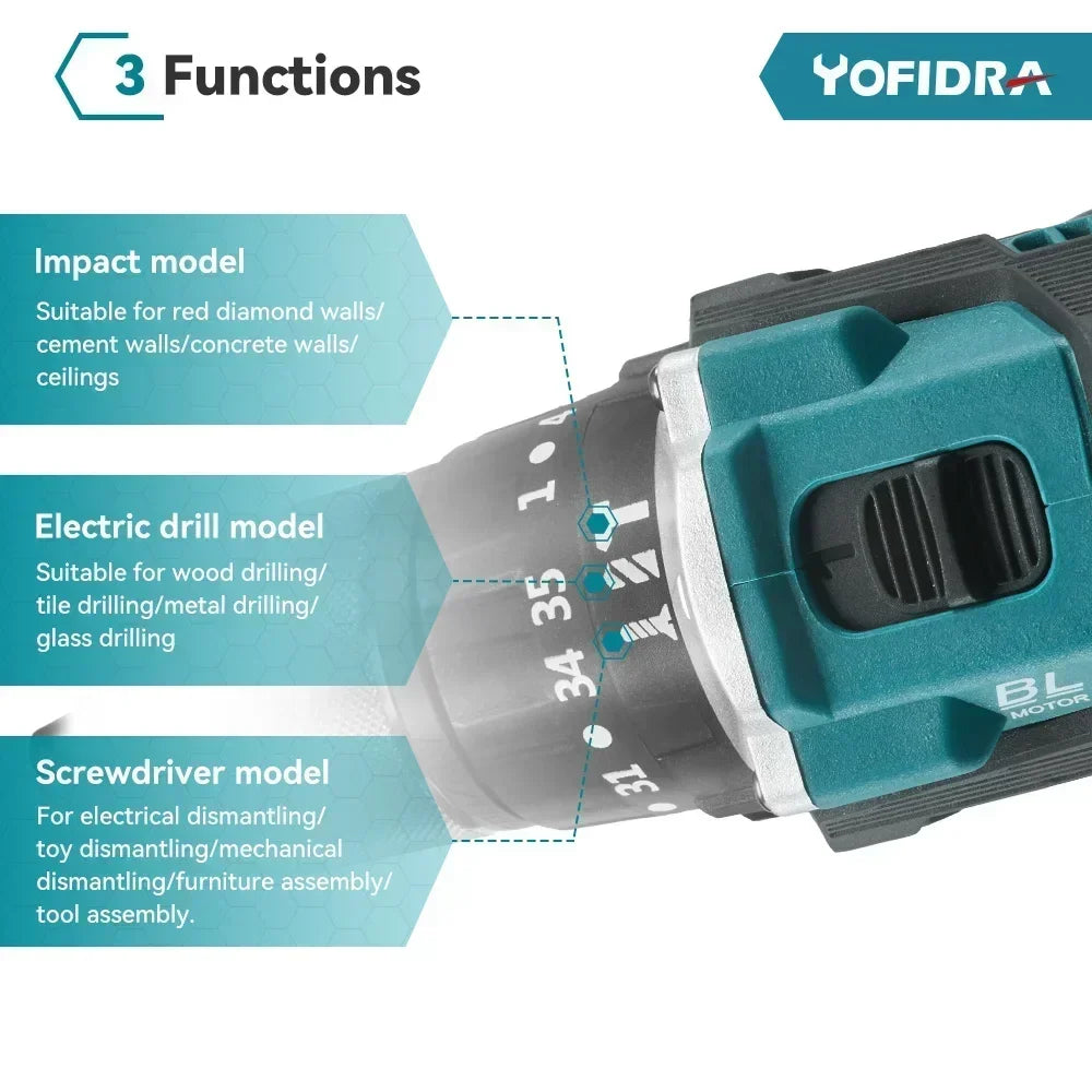 YOFIDRA 13MM 35+3 Torque Brushless Electric Impact Drill Cordless Electric Screwdriver Power Tool For Makita 18V Battery Pin