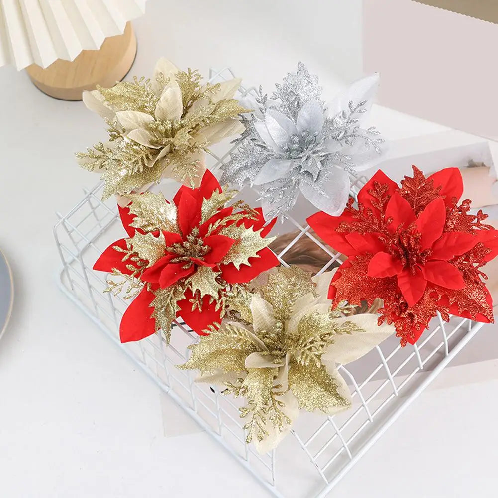 10Pcs Glitter Artificial Christmas Flowers Merry Christmas Tree Decoration Happy New Year Ornaments Xmas Flowers Decor