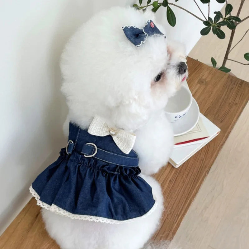 Spring Pet Cat Cowboy Vest Walking Chest and Back Harness Cute Bow Dress Puppy Clothes Dog Clothes for Small Dogs