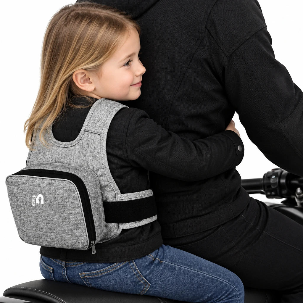 Child Motorcycle Safety Harness with Storage Bag Adjustable Breathable Shoulder Straps for Children Kids Motorbike Seat Belt