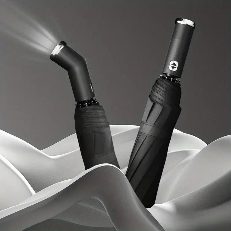 10 bone fully automatic three fold umbrella, rotatable LED flashlight, business wind resistant folding umbrella, sunny umbrella