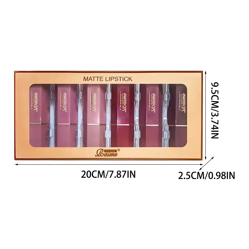 6 Colors Gold Bar Tube Lipstick Matte Texture Pearlescent Glitter Velvet Lipstick Valentine's Day Gift 6PCS