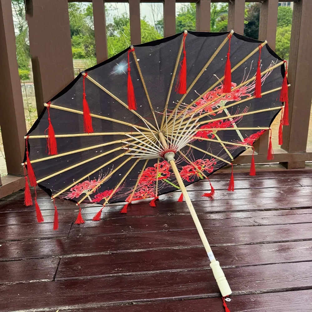 70cm Silk Fabric Tassel Umbrella Handheld Chinese Style Ancient Dance Umbrella Rainproof Decorative Classical Oil Paper Umbrella