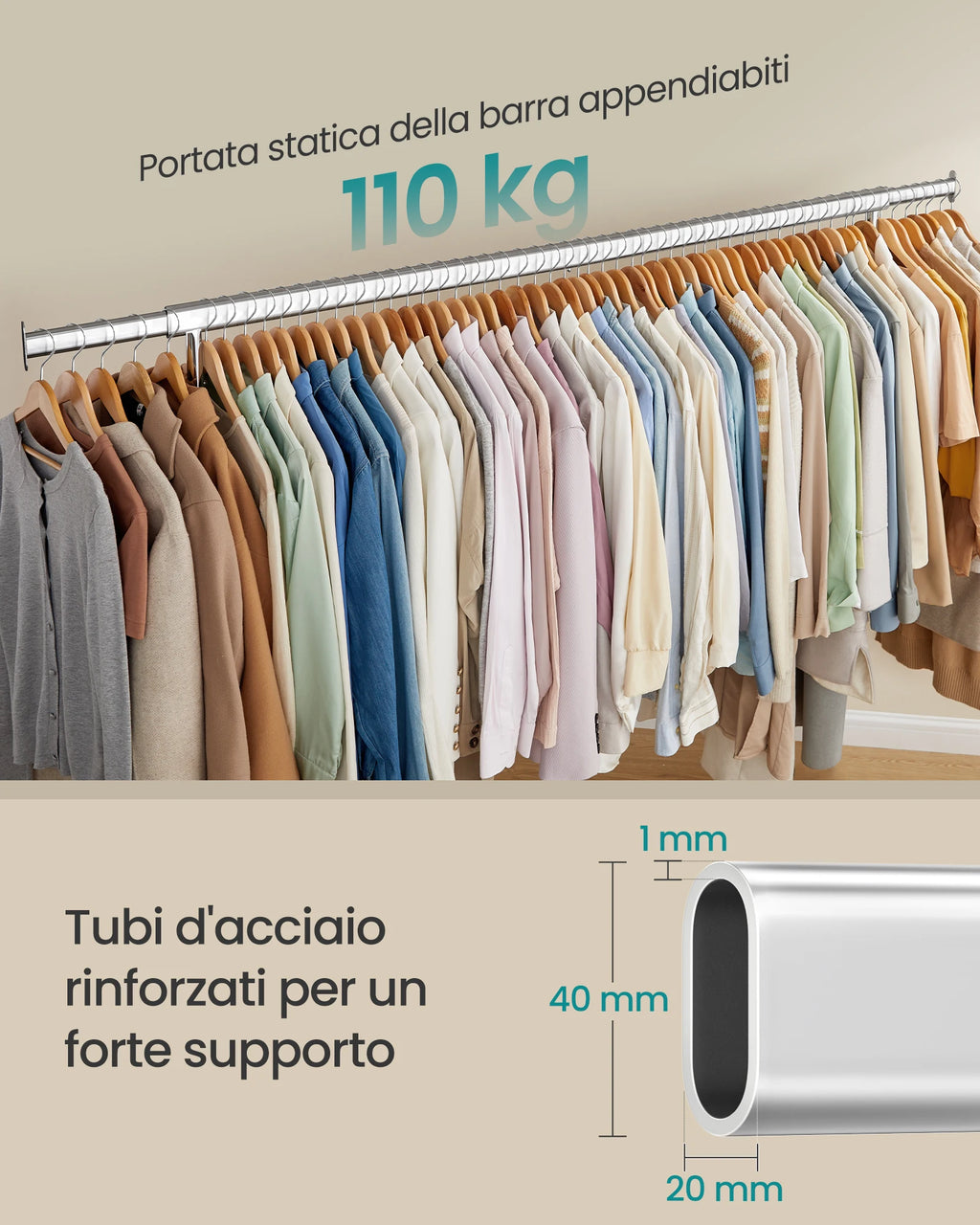 SONGMICS Clothes Rack with Wheels, Heavy-Duty Clothes Rack, Load Capacity 110 kg, 45 x (160-200) x 162.9 cm, Silver