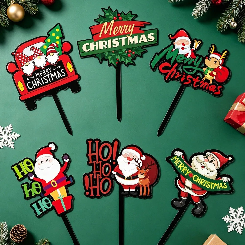 Christmas Cake Topper Acrylic Santa Claus Cupcake Pick Xmas Holiday Party Baking Dessert Decor Merry Christmas Ornament Supplies