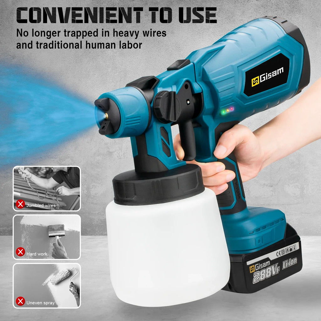 Gisam 1000ML Electric Spray Gun Home Cordless Paint Sprayer HVLP Auto Furniture Steel Coating Airbrush For Makita 18V Battery Pi