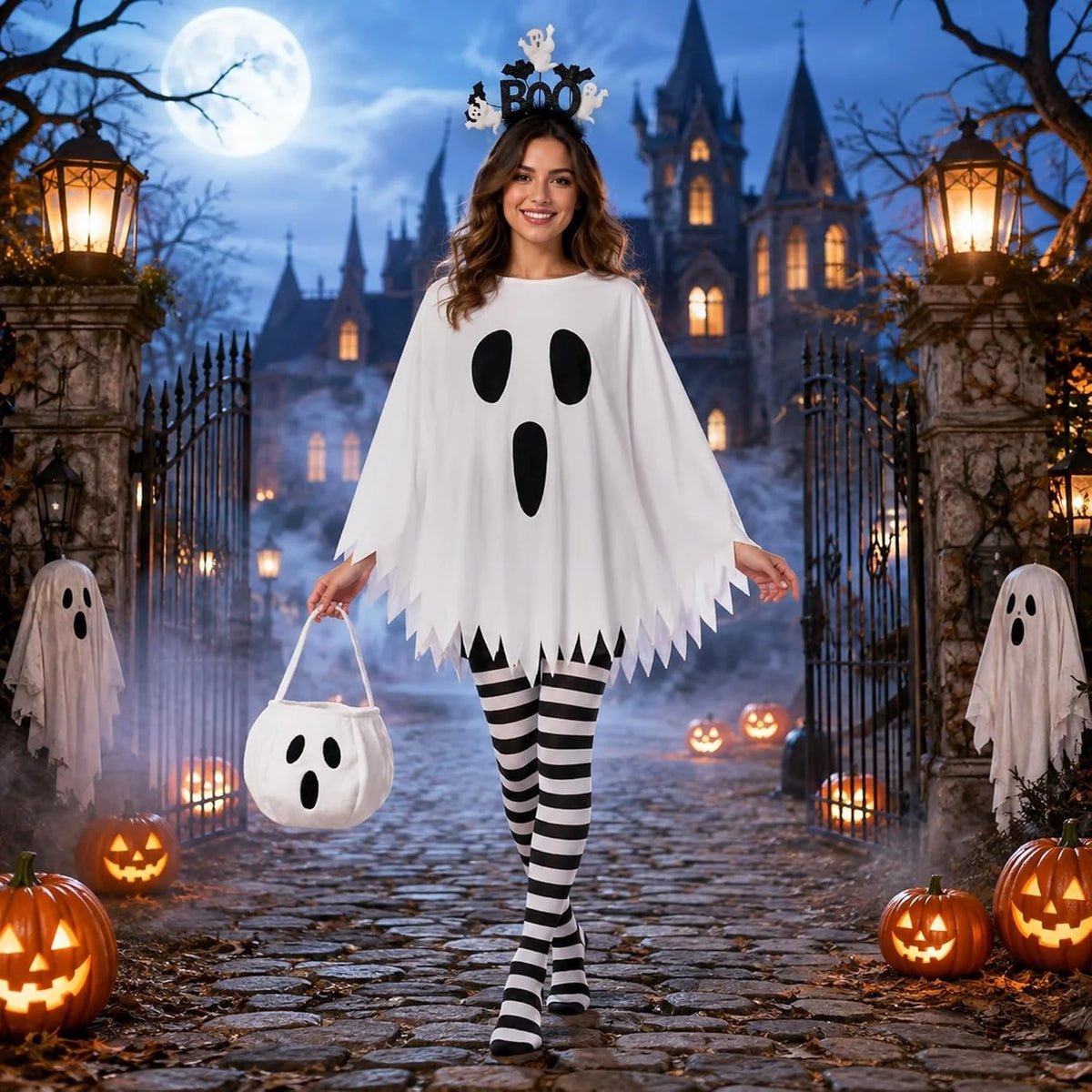 Halloween Ghost Costumes for Women Adult Ghost Poncho/Headband/Stripe Tights/Bag,Easy Halloween Costumes for Cosplay Party