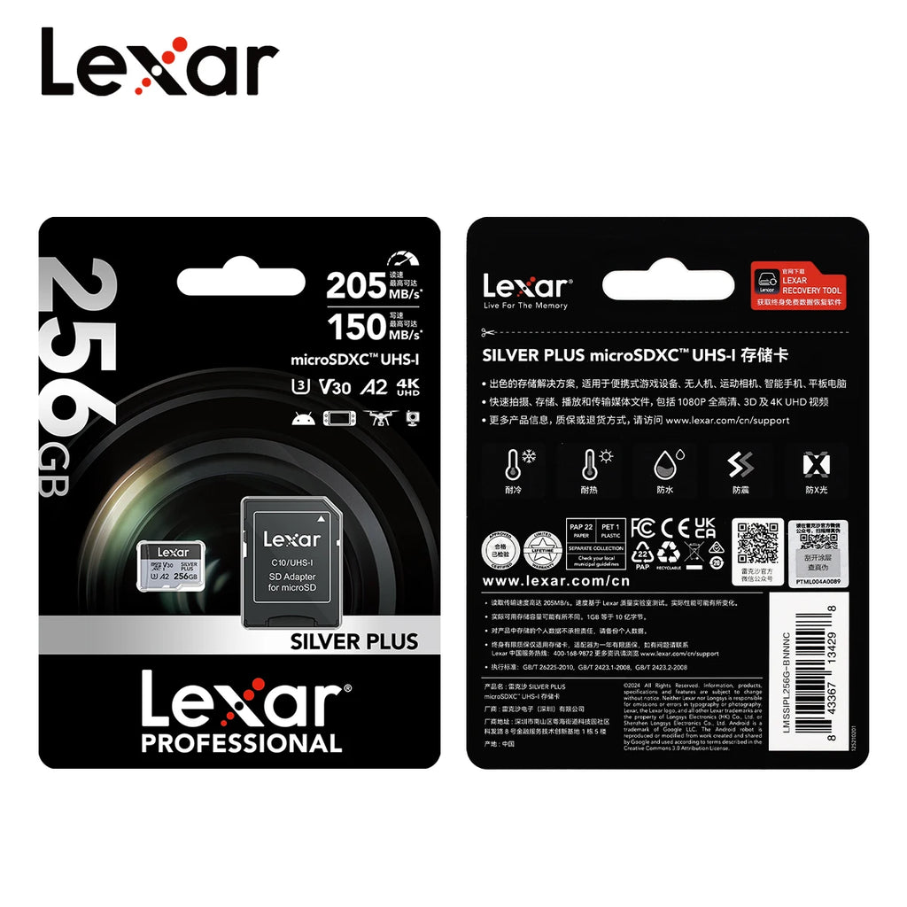 Lexar SILVER PLUS Memory Card 64GB 128GB 256GB Read Speed Up To 205mb/s A2 V30 4K UHD TF 1366x Card Professional Micro SD Card