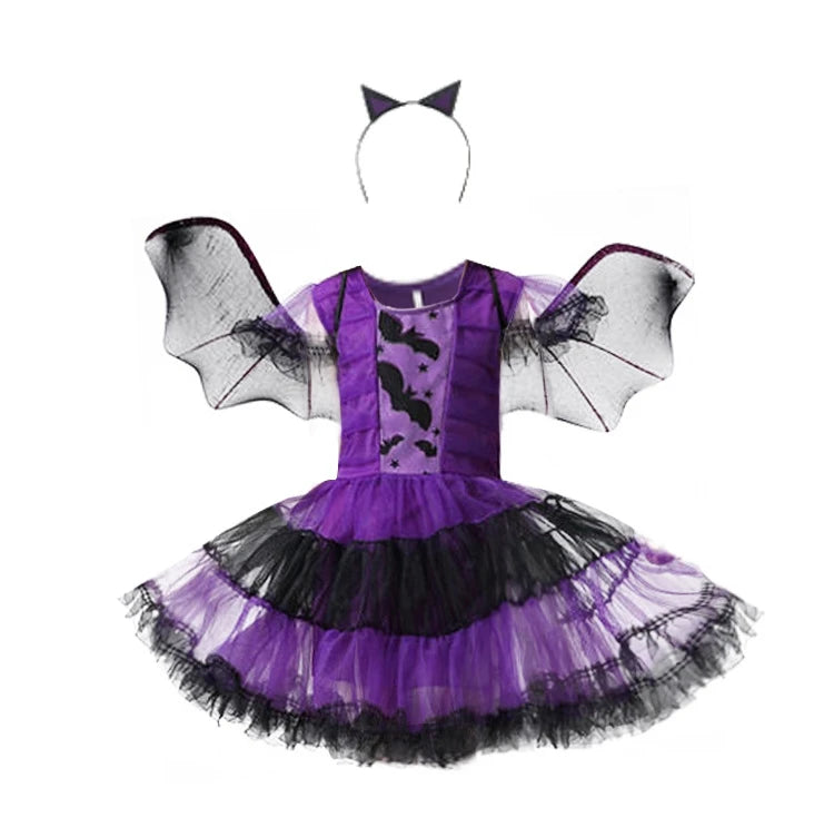 Halloween Witch Costume Girls Vampire Kids Clothes Animal Cosplay Dress With Wing Headwear Witch Role Play Clothes