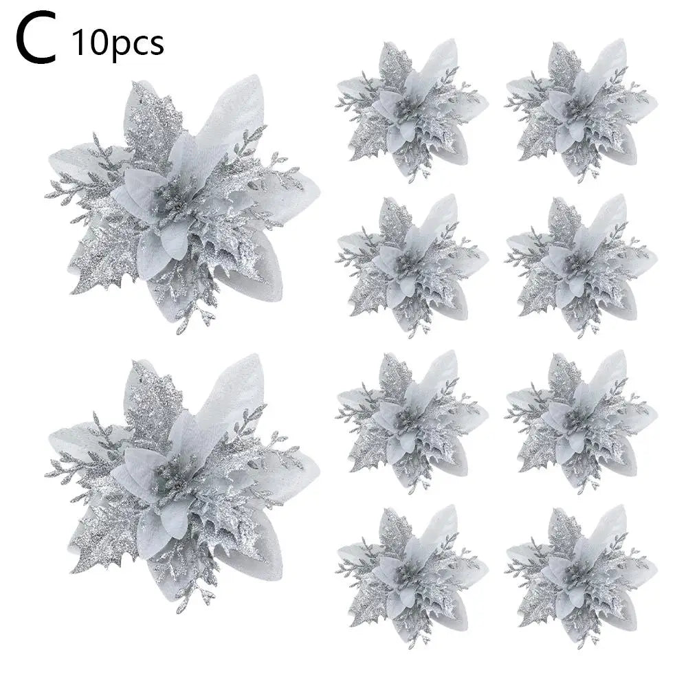 10Pcs Glitter Artificial Christmas Flowers Merry Christmas Tree Decoration Happy New Year Ornaments Xmas Flowers Decor
