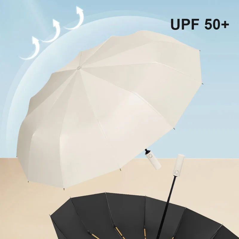 Large 24-Rib Solid Color Automatic Umbrella, Lightweight Collapsible Oversized Outdoor Sunshade with UV Protection