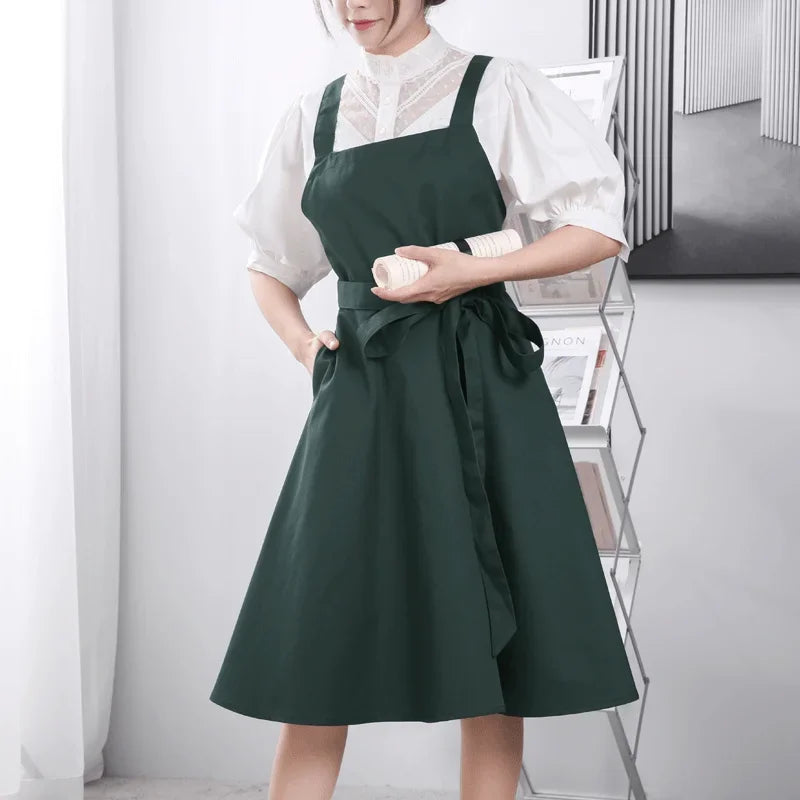 Women Cotton Cross Back Apron With Pockets Gardening Work Pinafore Dress Kitchen Cooking Bib Painting Nail Florist Salon Smock