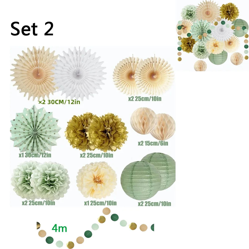 Green Birthday Party Decorations Paper Banner Circle Garland Hanging Swirl Paper Fans Lanterns Gold Balloons for Party Decor