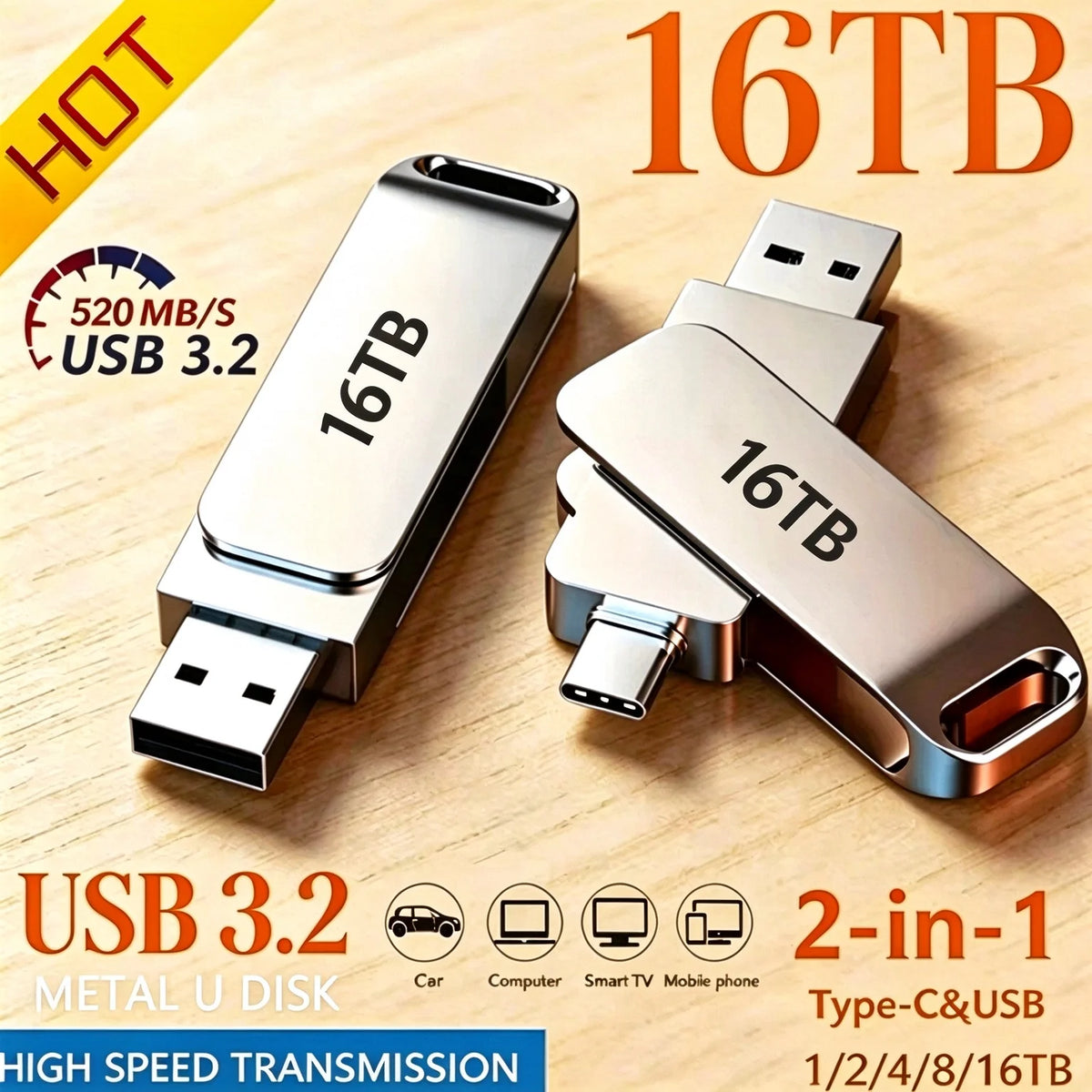 16TB Flash Drive USB 3.2 High Speed 2TB USB Transfer Type-C 2-In-1 8TB OTG Pendrive Waterproof Flash Drive For Computer Storage