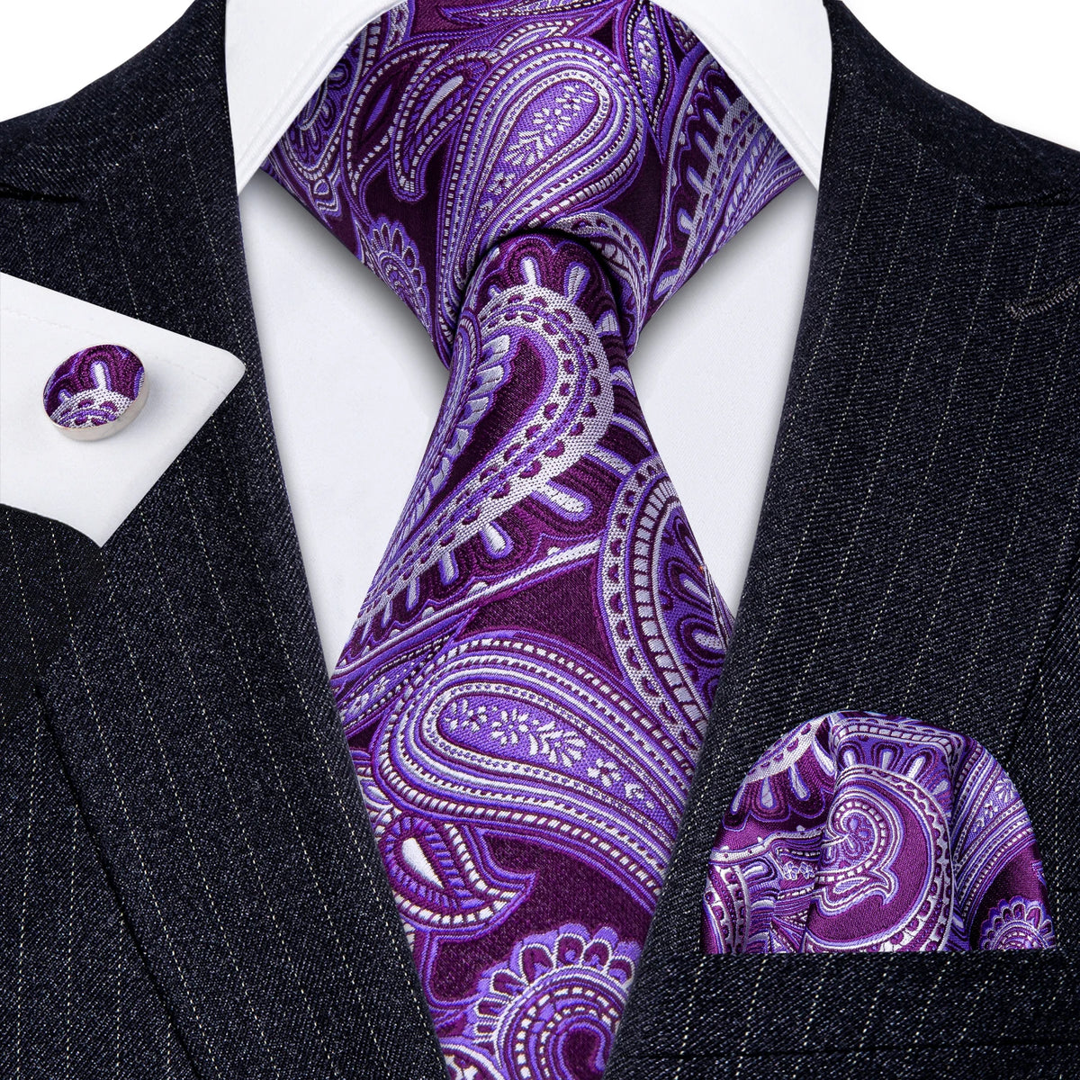 Male Gift Men Tie Set Purple Violet Solid Paisley Striped Wedding Business Tie for Man Necktie Handky Cufflinks Barry.Wang