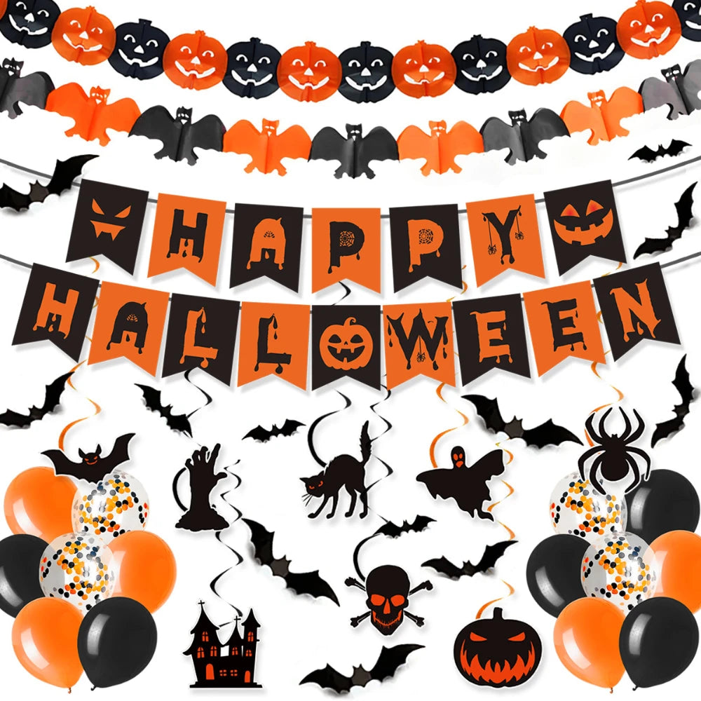 Halloween Decorations, Party Supplies Set Includes Happy Halloween Banner Skeleton-Themed Bunting Garland Wall Stickers Party