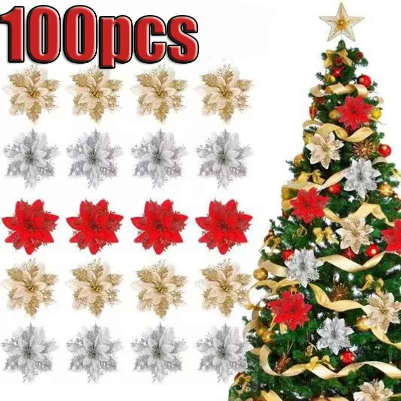Glitter Pink Christmas Flowers Xmas Tree 14cm Artifical Flower Ornaments  Merry Christmas Decoration For Home New Year