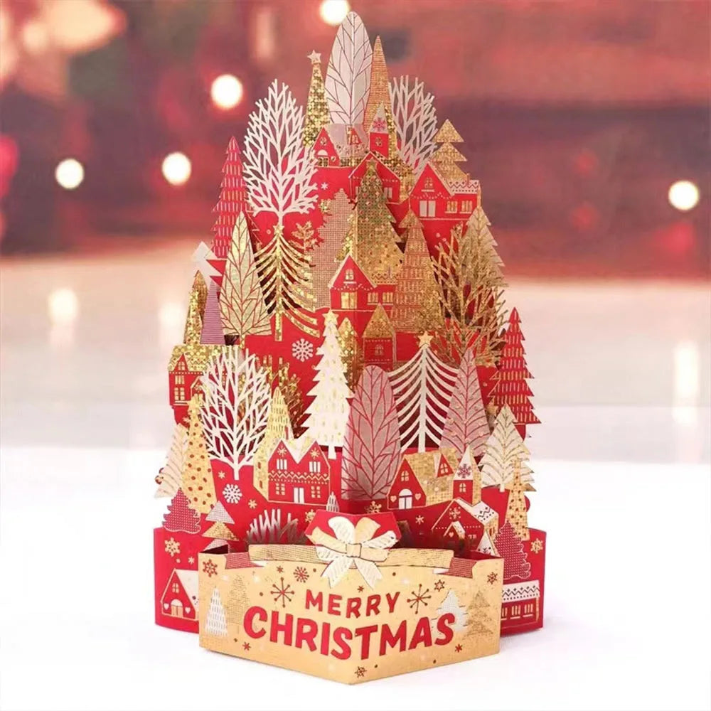 Paper Christmas 3D Greeting Card Gold Plated with Envelope Merry Christmas Blessing Cards Ornaments Craft Paper Carving Postcard