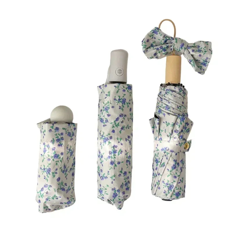 New 1 Piece of Small Blue Floral Umbrella, Gentle Style, Sun Protection, Three - Fold Automatic Umbrella for All Weather