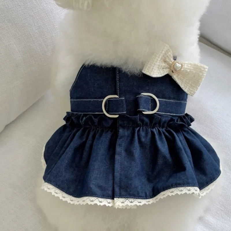 Spring Pet Cat Cowboy Vest Walking Chest and Back Harness Cute Bow Dress Puppy Clothes Dog Clothes for Small Dogs