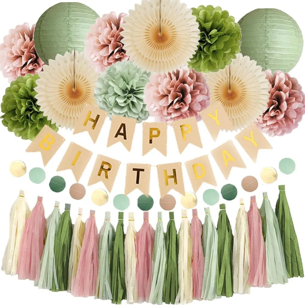 Green Birthday Party Decorations Paper Banner Circle Garland Hanging Swirl Paper Fans Lanterns Gold Balloons for Party Decor