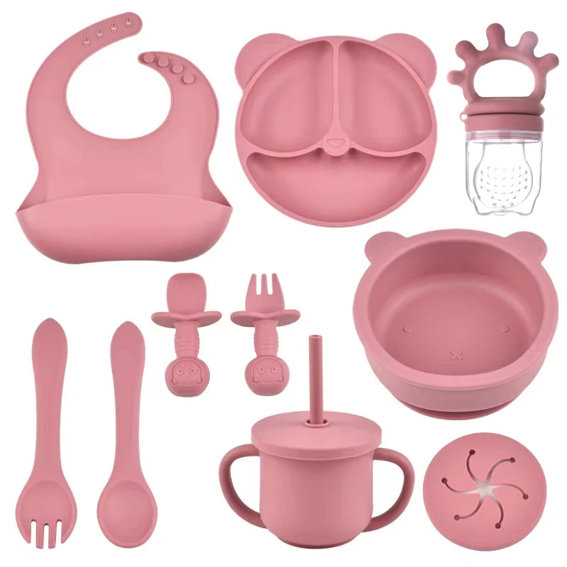 9PCS/Set BPA Free Silicone Baby Feeding Set Sucker Bowl Divided Dinning Plate Straw Cup Spoon Fork Adjustable Bib Child Dishes