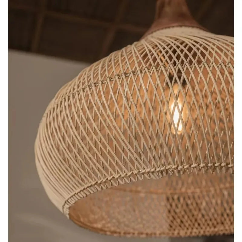 Bohemian Handwoven Rattan Chandelier Scandinavian Wicker Pendant Light with E27 Base for Dining Room & Loft