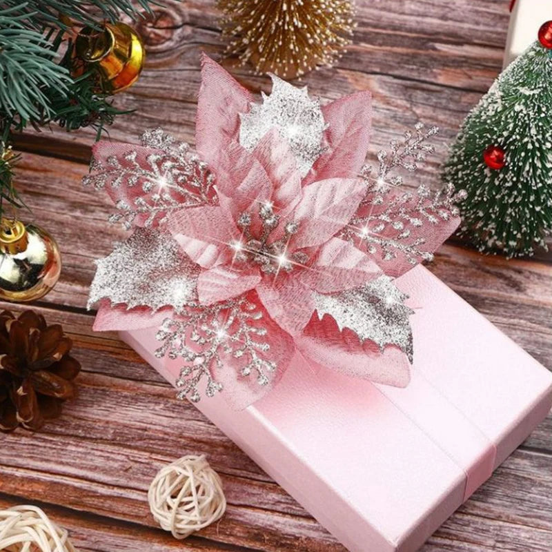 Glitter Pink Christmas Flowers Xmas Tree 14cm Artifical Flower Ornaments  Merry Christmas Decoration For Home New Year